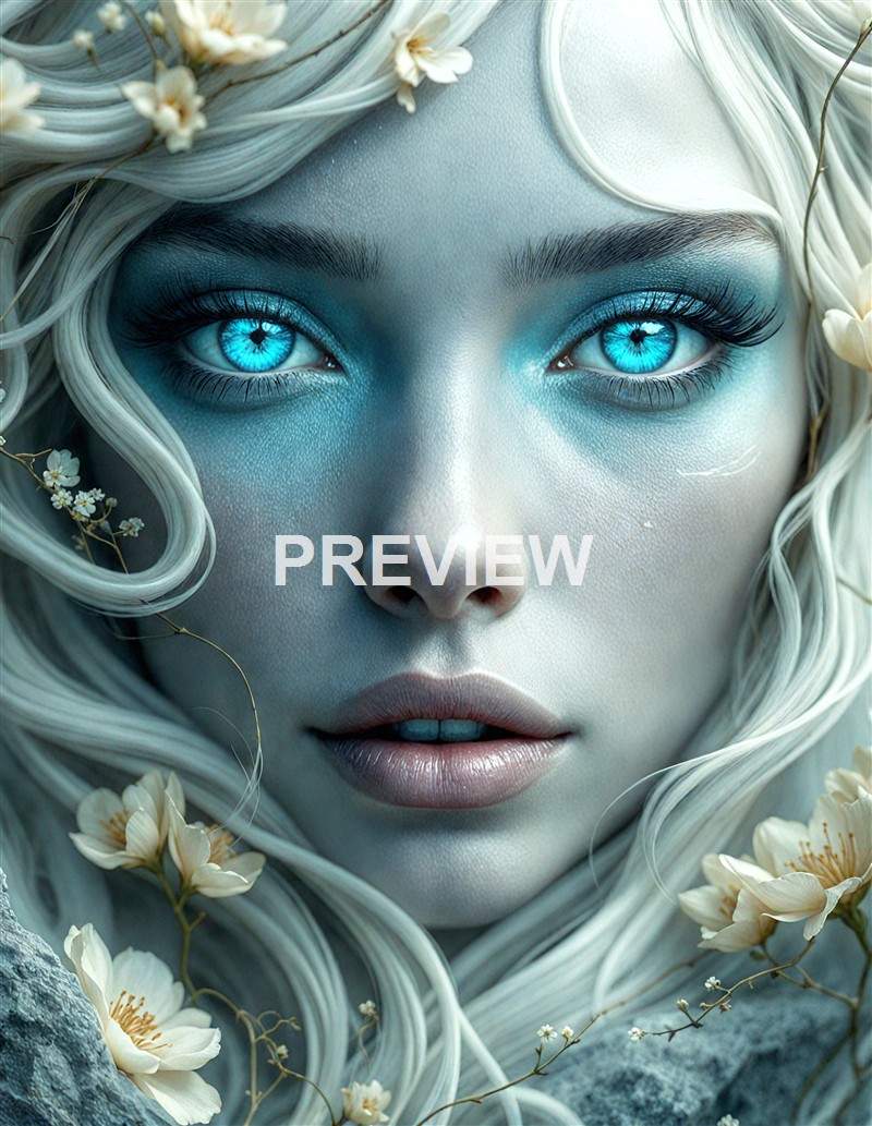 A close-up of a fantasy character with glowing blue eyes, white flowing hair, and surrounded by delicate white flowers, with a luminous, ethereal appearance.